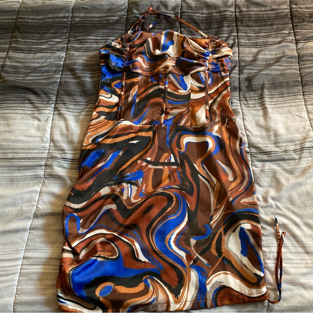 Chocolate Marble Satin Strappy Cowl Corset Detail Ruched Bodycon Dress